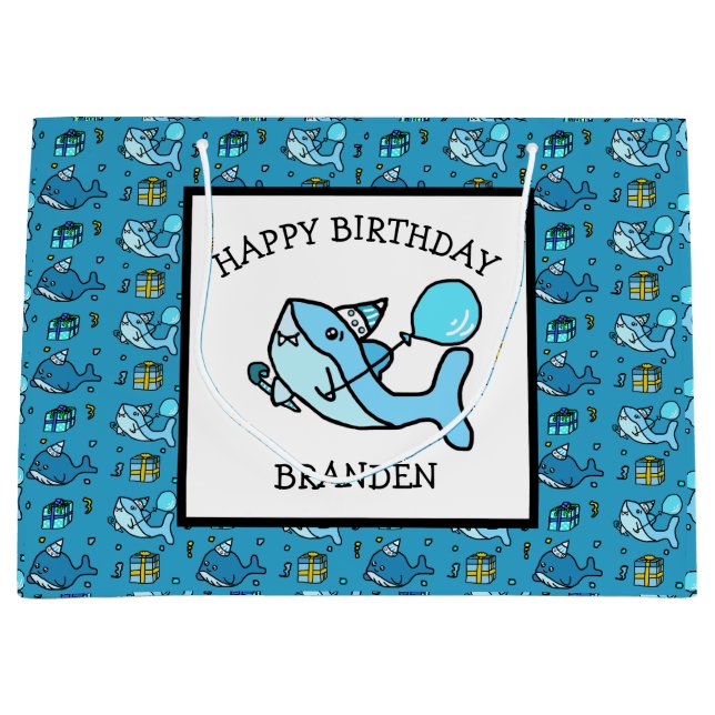 Personalized Happy Birthday Blue Baby Shark Large Gift Bag (Front)