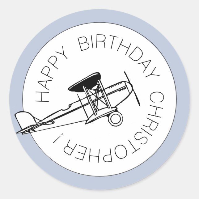 Personalized Happy Birthday Boy Airplane Party Classic Round Sticker (Front)