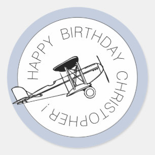 Personalized Happy Birthday Boy Airplane Party Classic Round Sticker