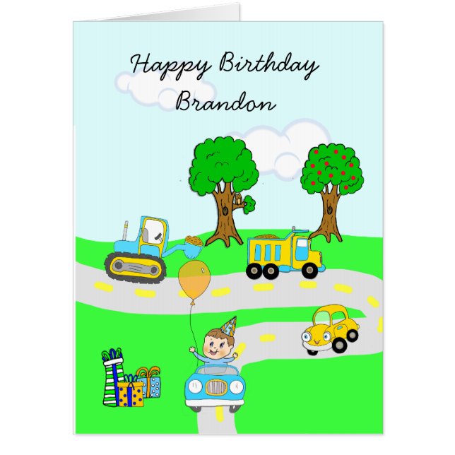 Personalized Happy Birthday Boy's Cars and Trucks Card (Front)