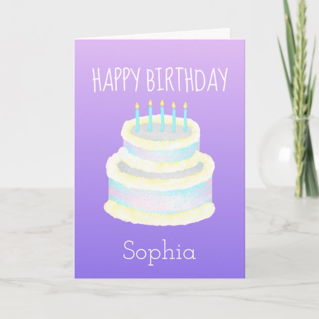 Personalized Happy Birthday Cake Purple Card (Front)