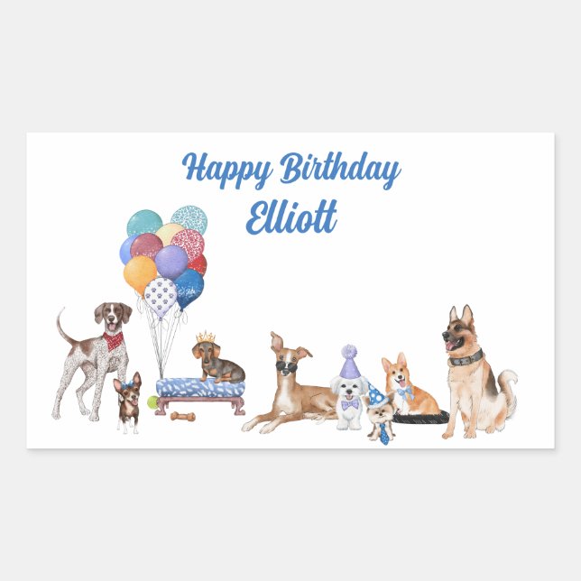 Personalized Happy Birthday Canine Dog Breeds Rectangular Sticker (Front)