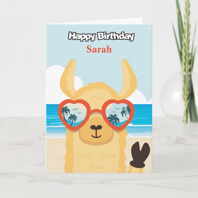 Personalized Happy Birthday Card - Beach Llama (Front)