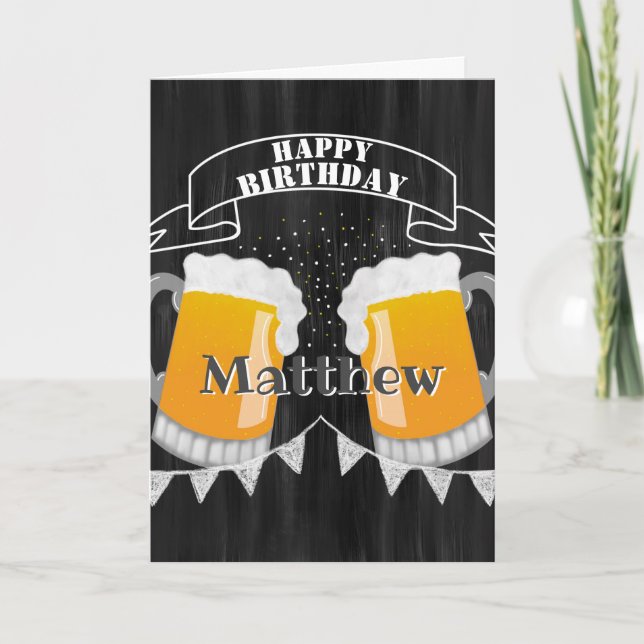 Personalized Happy Birthday Chalkboard Beer Glass Card (Front)