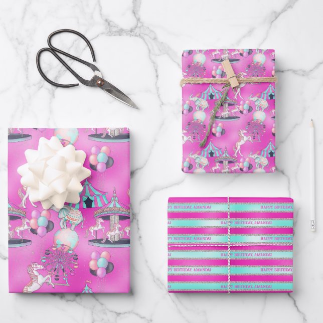 Personalized Happy Birthday Circus Wrapping Paper Sheets (Front)
