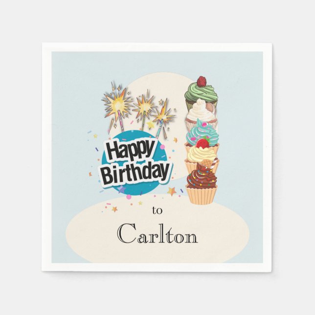 Personalized Happy Birthday Cupcake Paper Napkin (Front)