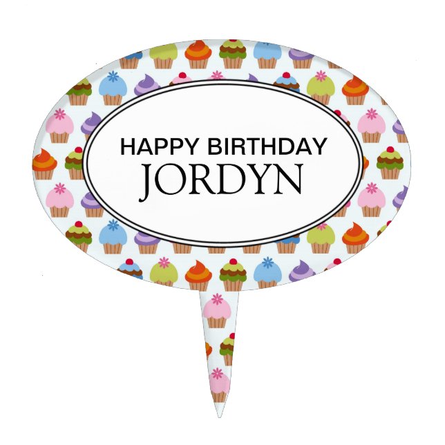 Personalized Happy Birthday Cupcakes Cake Topper (Front)