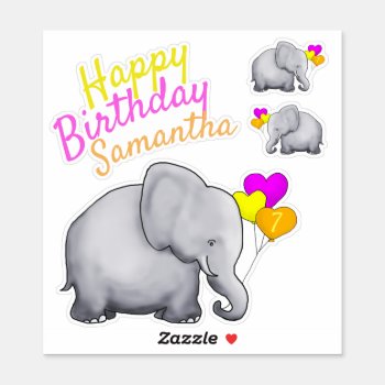 Personalized Happy Birthday Cute Elephants Sticker by EleSil at Zazzle