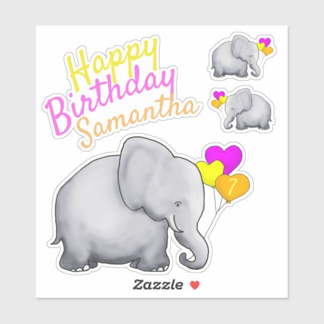 Personalized Happy Birthday Cute Elephants Sticker (Sheet)