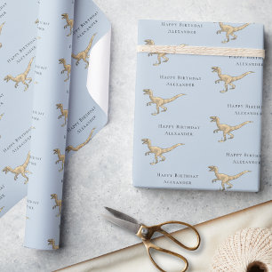 Personalized Happy Birthday Dinosaur Blue Wrapping Paper
