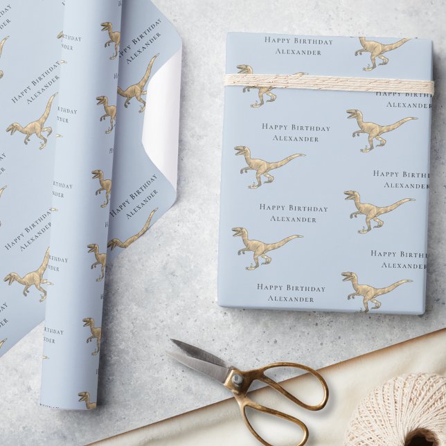 Personalized Happy Birthday Dinosaur Blue Wrapping Paper (Personalized boy name dinosaur blue happy birthday velociraptor gift wrapping paper Fun Raptor dino)