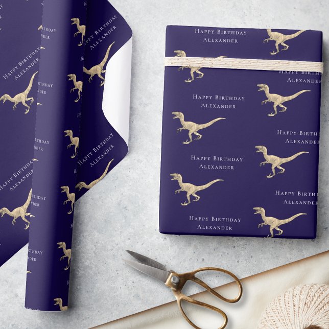 Personalized Happy Birthday Dinosaur Navy Blue Wrapping Paper (Personalized boy name dinosaur navy blue happy birthday velociraptor gift wrapping paper raptor dino)