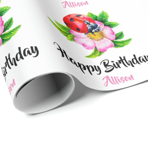 Personalized Happy Birthday Floral Ladybug  Wrapping Paper