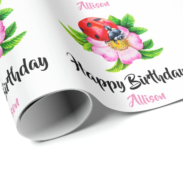 Personalized Happy Birthday Floral Ladybug  Wrapping Paper (Roll Corner)