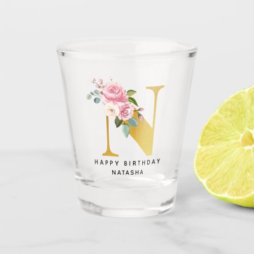 Personalized Happy Birthday Floral Monogram Name Shot Glass