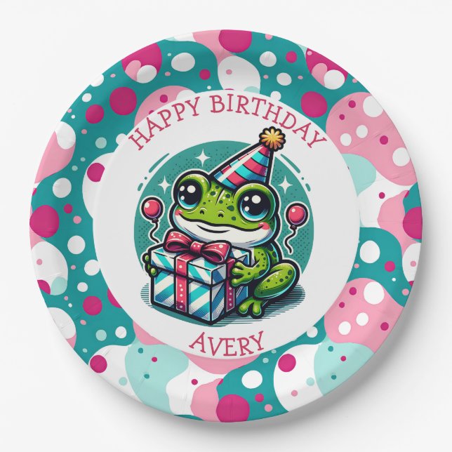 Personalized Happy Birthday | Frog Themed   Paper Plates (Front)
