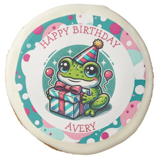 Personalized Happy Birthday Frog Themed   Sugar Cookie (Front)