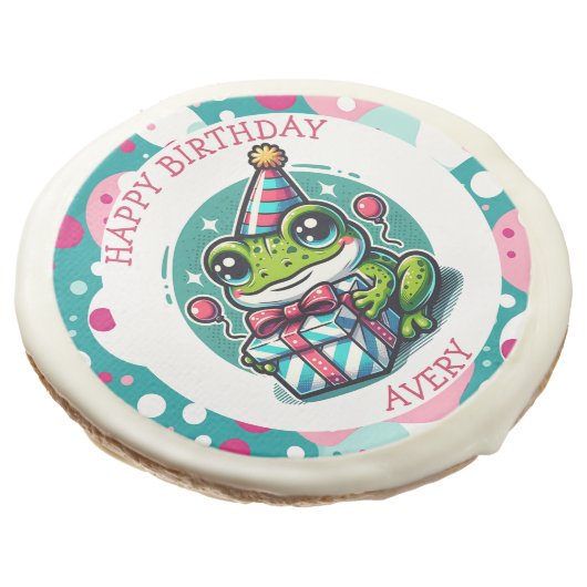 Personalized Happy Birthday Frog Themed   Sugar Cookie (Angled)