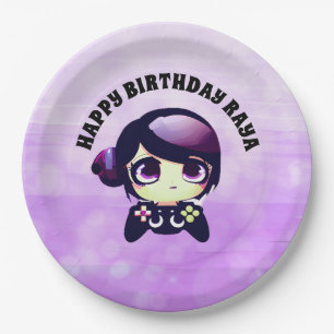 Personalized Happy Birthday Gaming Themed Purple Paper Plates