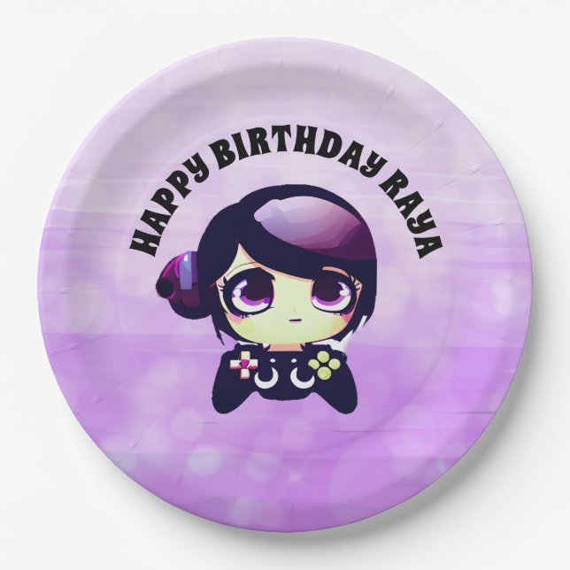 Personalized Happy Birthday Gaming Themed Purple Paper Plates (Front)