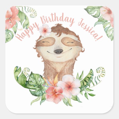 Personalized Happy Birthday girl name cute sloth Square Sticker