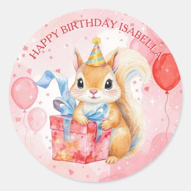Personalized Happy Birthday Girl's Squirrel  Classic Round Sticker (Front)