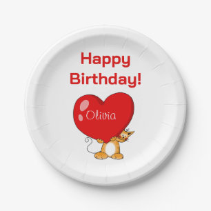 Personalized Happy Birthday Heart Cat Paper Plates