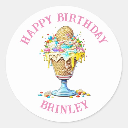 Personalized Happy Birthday  Ice Cream Sundae Classic Round Sticker