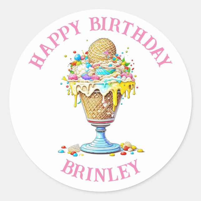 Personalized Happy Birthday | Ice Cream Sundae Classic Round Sticker (Front)