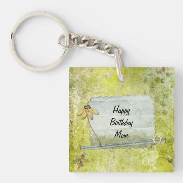 Personalized Happy Birthday Mom Flower Heart Keychain (Front)