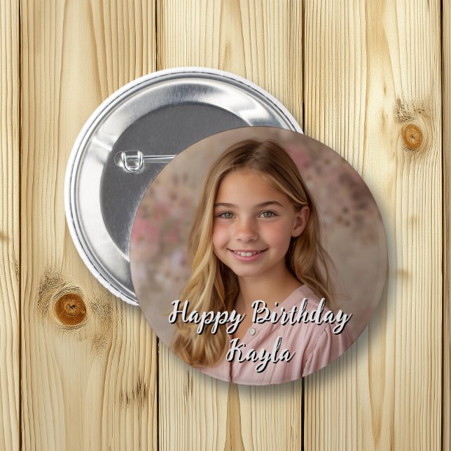 Personalized Happy Birthday Name and Photo Button (Creator Uploaded)