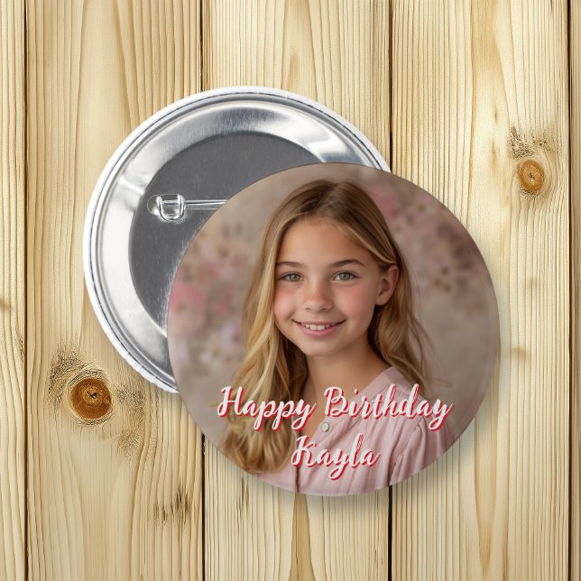 Personalized Happy Birthday Name and Photo Button (Creator Uploaded)