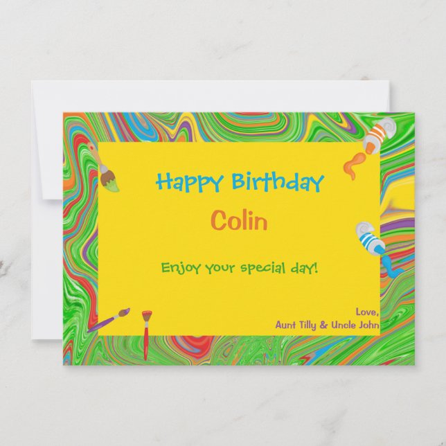 Personalized Happy Birthday Paintbrush Design  Card (Front)