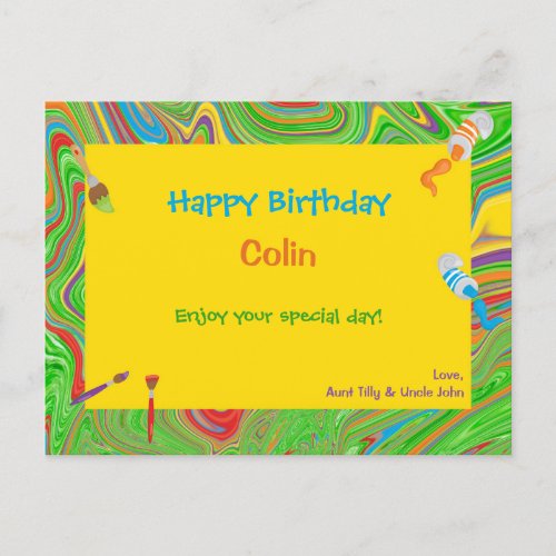 Personalized Happy Birthday Paintbrush Design Postcard