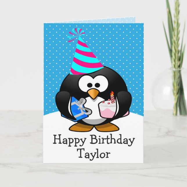 Personalized Happy Birthday Penguin Kids Card (Front)