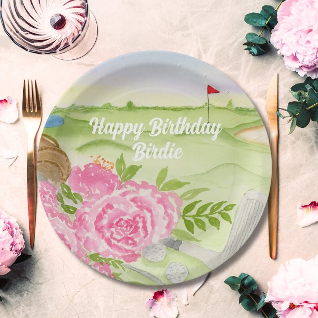 Personalized Happy Birthday Peonies On Golf Course Paper Plates (Creator Uploaded)