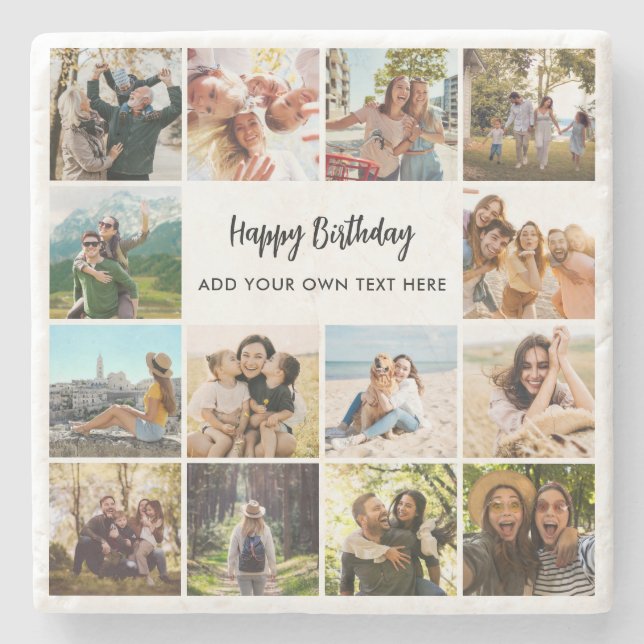 Personalized Happy Birthday Photo Collage Stone Coaster (Front)