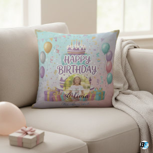 Personalized Happy Birthday Photo, Custom Name Throw Pillow