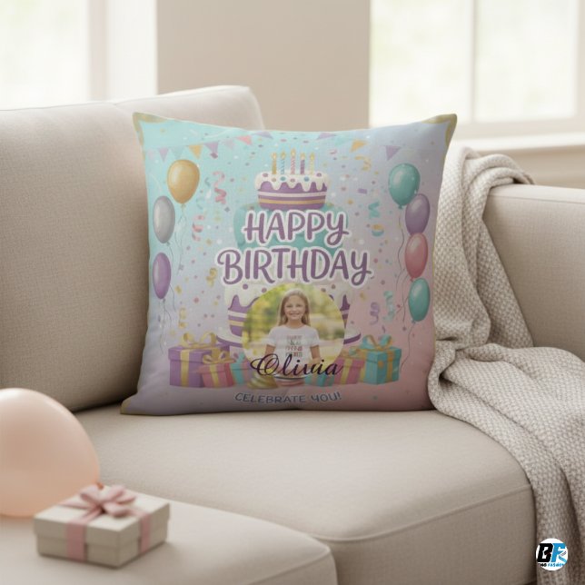 Personalized Happy Birthday Photo, Custom Name Throw Pillow (Creator Uploaded)