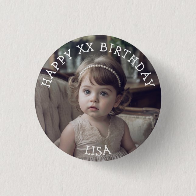 Personalized Happy Birthday Photo Name and Age Button (Front)