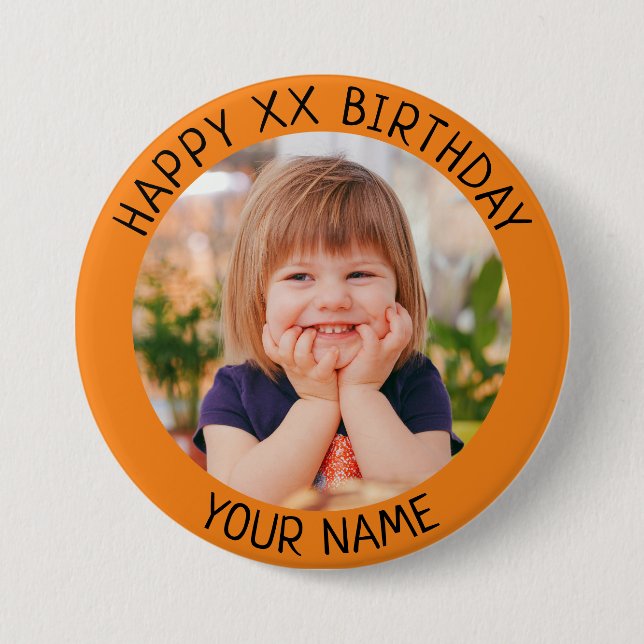 Personalized Happy Birthday Photo Name and Age Button (Front)