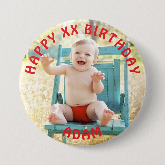 Personalized Happy Birthday Photo Name and Age Button (Front)
