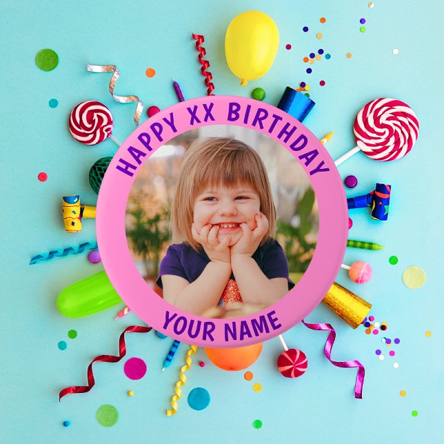 Personalized Happy Birthday Photo Name and Age Button (Creator Uploaded)