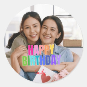 Personalized Happy Birthday Photo Name Quotes Classic Round Sticker