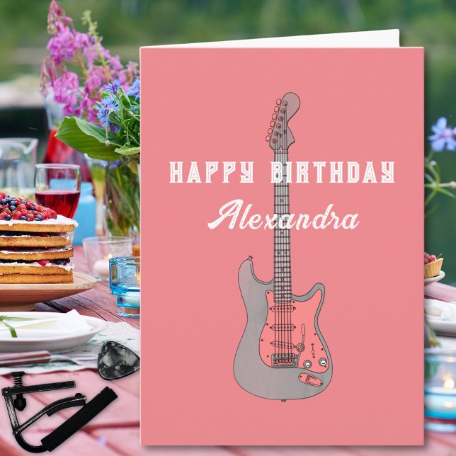 Personalized Happy Birthday Pink Electric Guitar Card (Pink electric guitar personalized happy birthday greetings card)