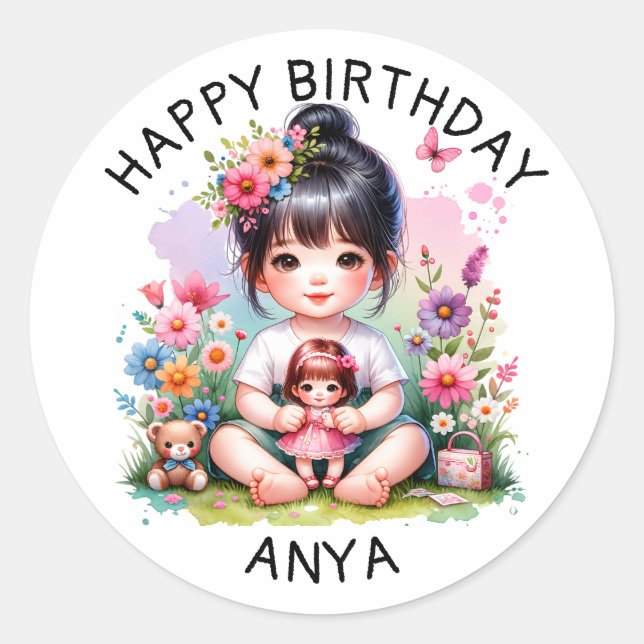 Personalized Happy Birthday | Pretty Asian Girl  Classic Round Sticker (Front)