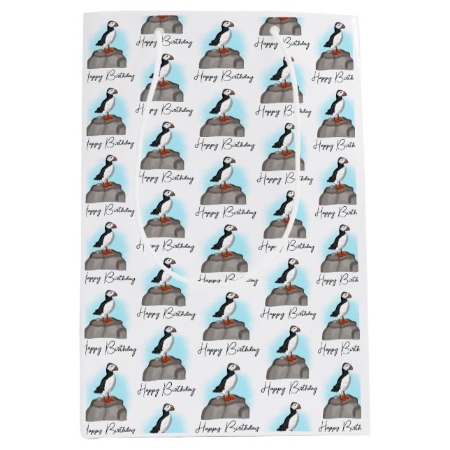 Personalized Happy Birthday Puffin Medium Gift Bag (Front)