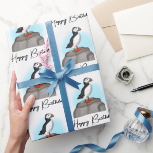 Personalized Happy Birthday Puffin Wrapping Paper