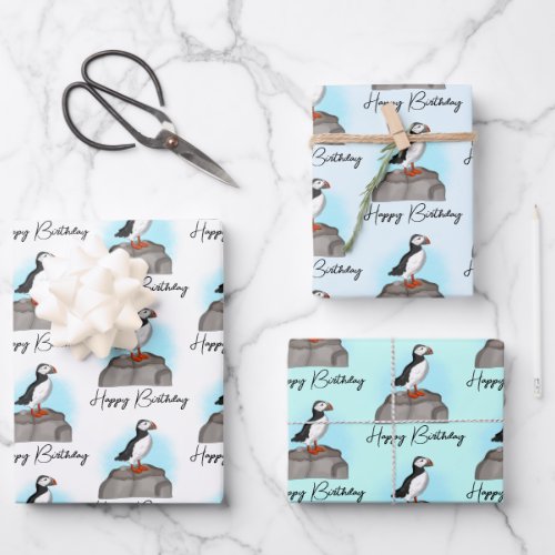 Personalized Happy Birthday Puffin Wrapping Paper Sheets