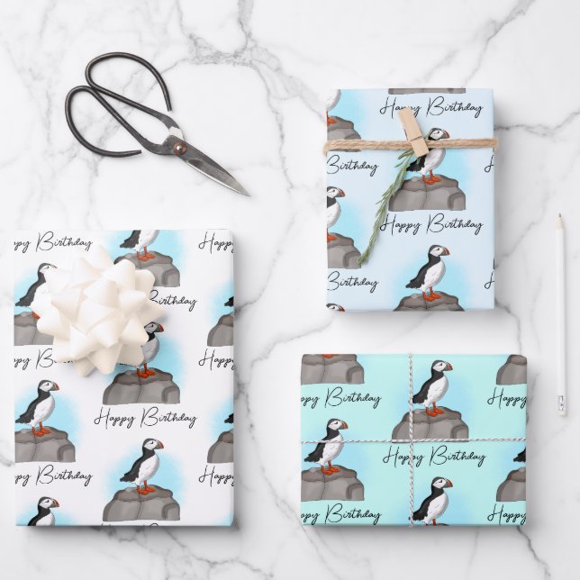 Personalized Happy Birthday Puffin Wrapping Paper Sheets (Front)